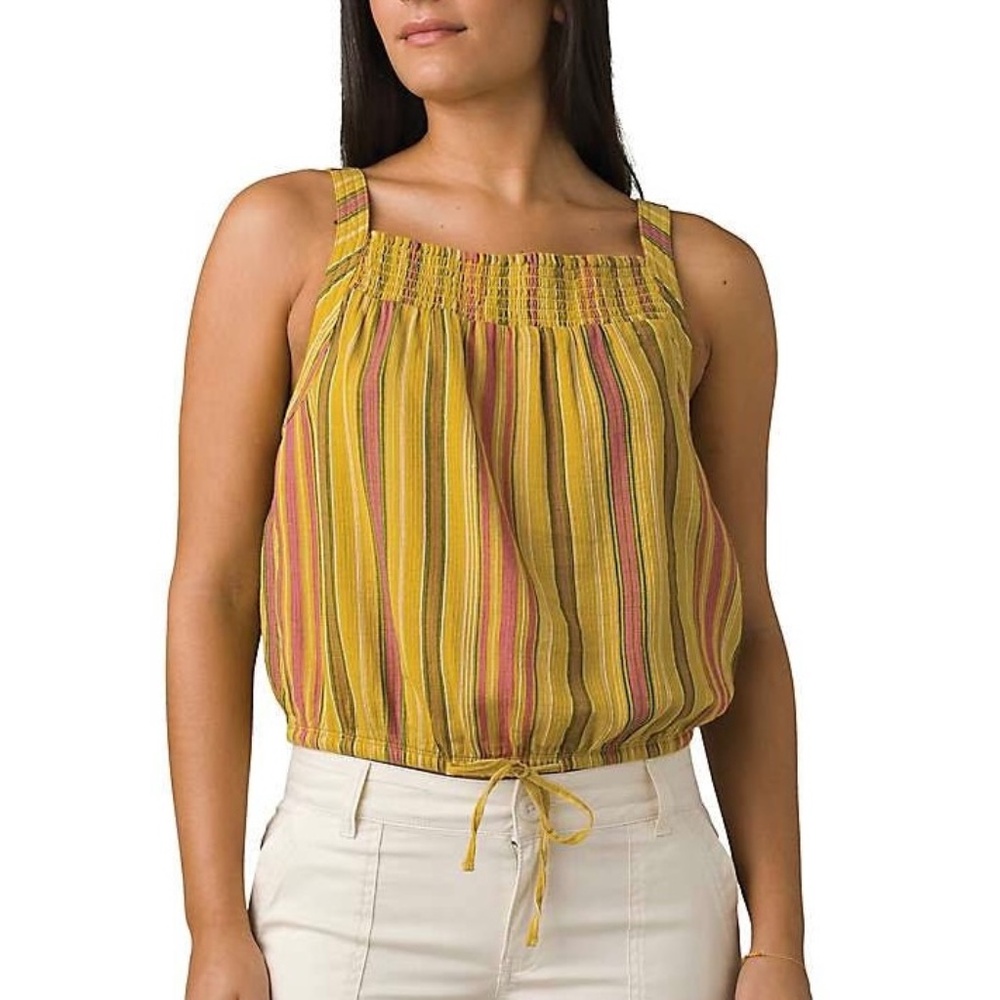 New Prana Cotton Smocked Tie Hem Tank Top Little Palm Cami Yellow Stripe Size XL